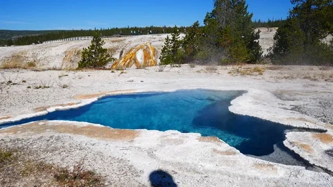Beautiful Blue Hot Spring in Yellowstone National Park Stock Footage 128035453