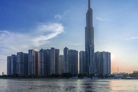 Beautiful blue sky view at Landmark 81 is a super tall skyscraper in center.. Stock Photos
