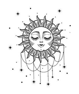 Beautiful boho sun with face, rays and precious jewelry. Hand drawn vintage l Stock Illustration