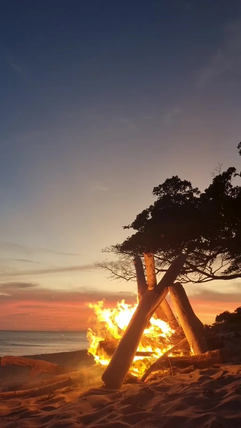 Beautiful bonfire at sunset on a summer day at Caracol Beach in Panama. Stock Footage 341899725