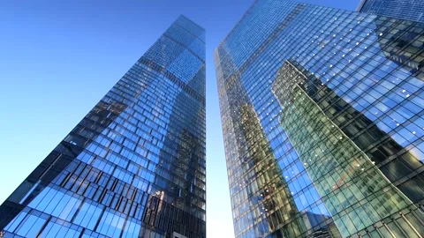 Beautiful bottom-up view of modern high-rise buildings of business centers Video stock 151038050