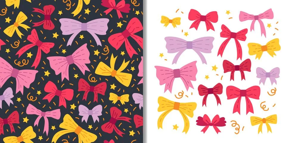 Beautiful bows set with seamless pattern and cute color butterfly tie elements Stock Illustration