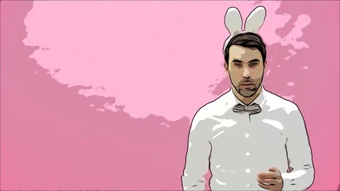 Beautiful boy standing on a pink background. During this dressed in a white Video stock 104884649