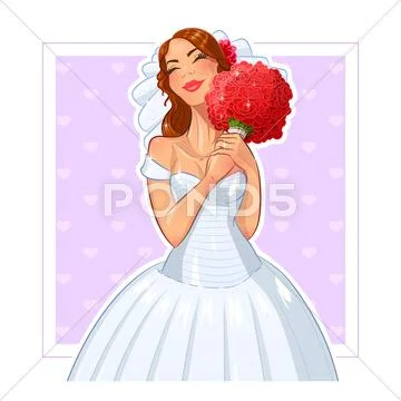 Beautiful bride with bunch of roses Stock Illustration