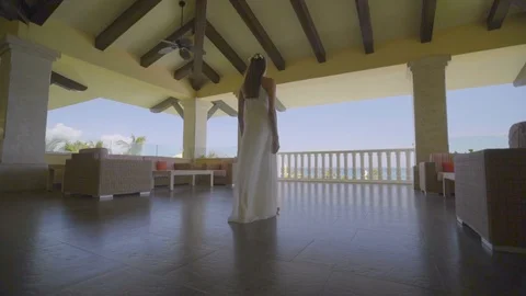 Beautiful Bride on Tropical Beach Terrace, Woman Wedding Dress Stock Footage