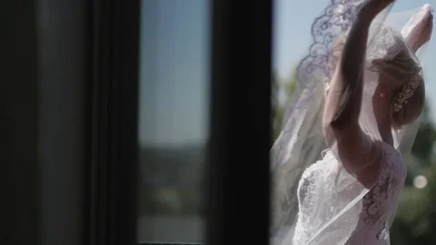 Beautiful bride in veil posing near window. slow motion Stock Footage 81947182