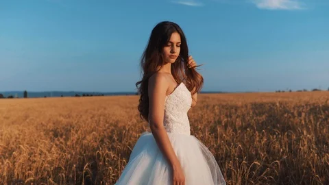 Beautiful bride in wheat field on sunset Stock Footage 112119128