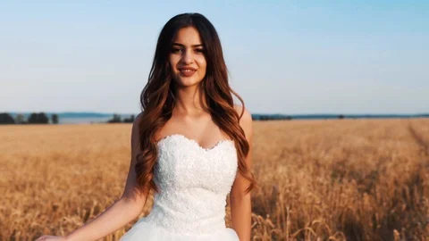 Beautiful bride in wheat field on sunset Stock Footage 112119315