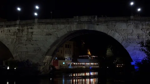 Beautiful Bridge Over A River at nigth, panoramic view- Rome, Italy Stock-Footage 77366232