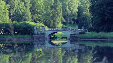 Beautiful bridge reflected in the forest lake Stock-Footage 40152100