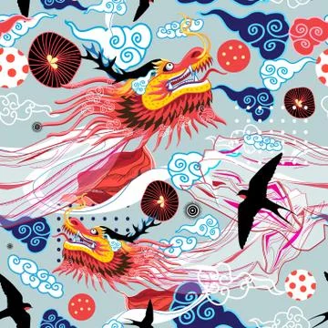 Beautiful bright Chinese pattern with dragons and swallows Stock Illustration