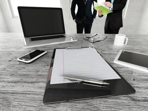 Beautiful bright office space with two men interacting in front of desk Stock Illustration