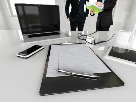 Beautiful bright office space with two men interacting in front of white desk Stock Illustration