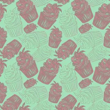 Beautiful, bright, seamless pattern of pink cupcakes on a delicate pastel lig Stock Illustration