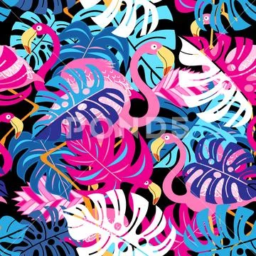 Beautiful bright tropical pattern of pink flamingos Stock Illustration