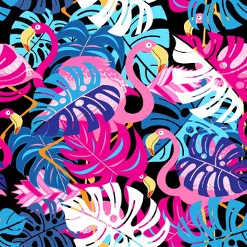 Beautiful bright tropical pattern of pink flamingos Stock Illustration