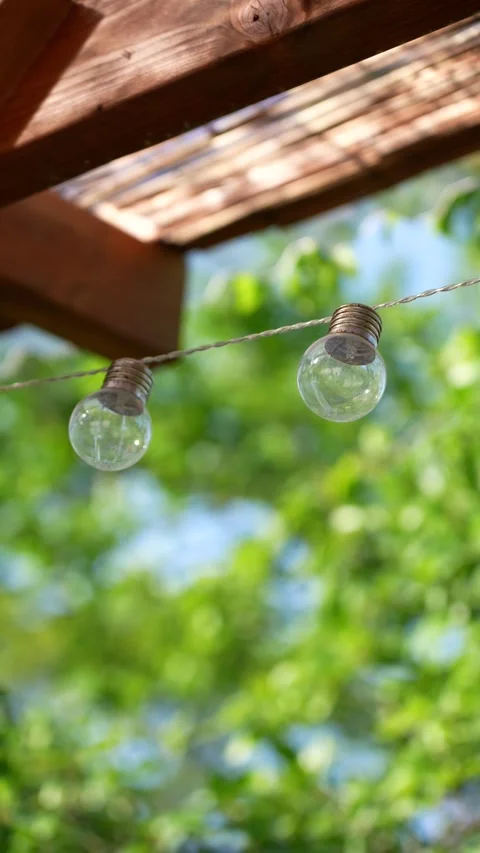 Beautiful bright vertical 4k frame of outdoor porch fairy light summer nature Stock Footage 317819916