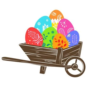 Beautiful brightly colored Easter eggs in a wooden cart Stock Illustration