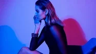 Beautiful Brunete Woman In Neon Light Red And Blue. Slow Motion Stock Footage