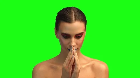 Beautiful brunette face close up portrait on green screen Stock Footage 71123053