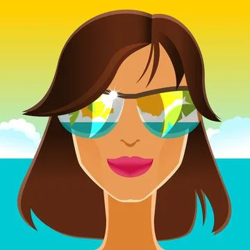 Beautiful brunette in sunglasses on the beach. Vector illustration. Stock Illustration