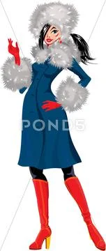 Beautiful brunette woman dressing in blue coat with white fur - isolated on w Stock Illustration