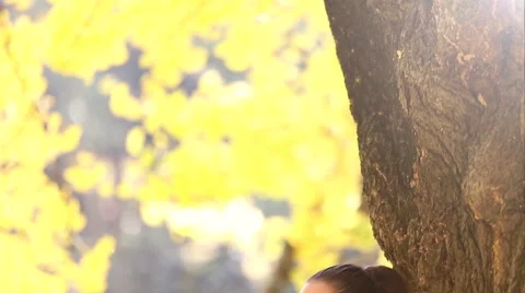 Beautiful brunette woman leaning against a tree and singing Stock Footage 59556580
