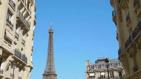 Beautiful building architecture with the Eiffel Tower, Paris Stock Footage 156948989
