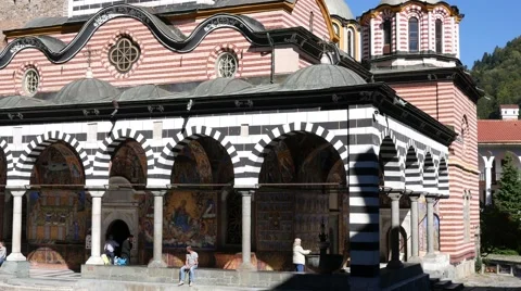 Beautiful building of male friary Rila Monastery of Bulgarian church Stock Footage
