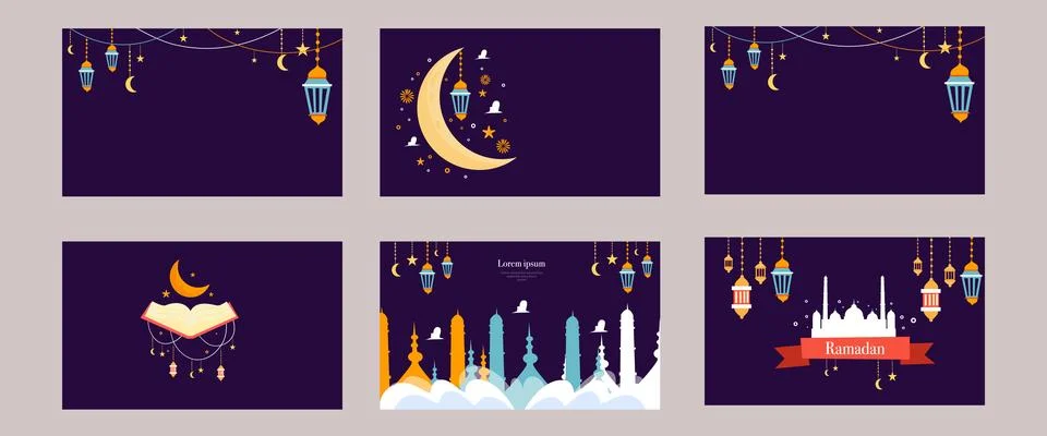A beautiful bundle set featuring ramadan backgrounds with crescent moon lanterns Stock Illustration