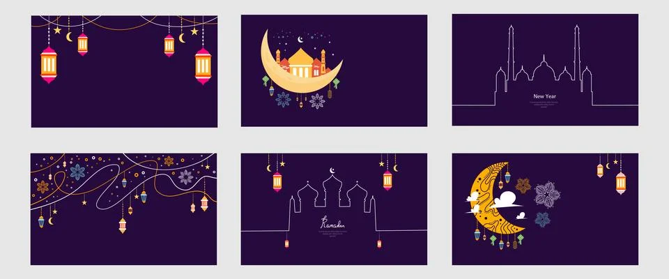 A beautiful bundle set featuring ramadan backgrounds with crescent moon lanterns Stock Illustration