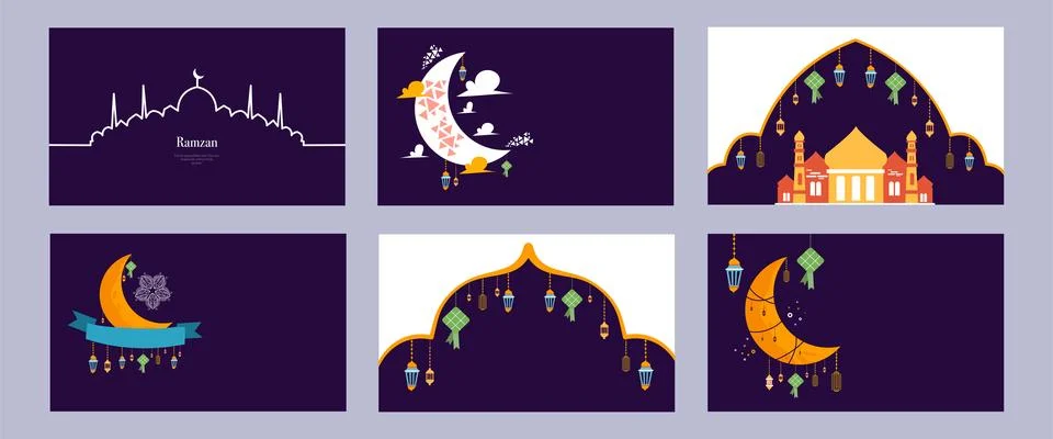 A beautiful bundle set featuring ramadan backgrounds with crescent moon lanterns Stock Illustration