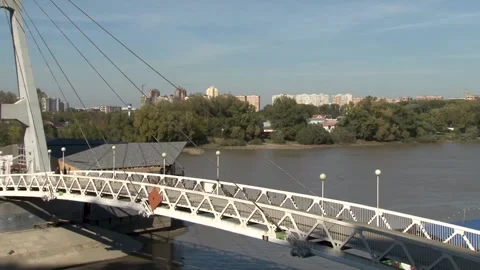 Beautiful cable-stayed bridge over Kuban River in Krasnodar. Close-up of bridge. Stock Footage 152169524