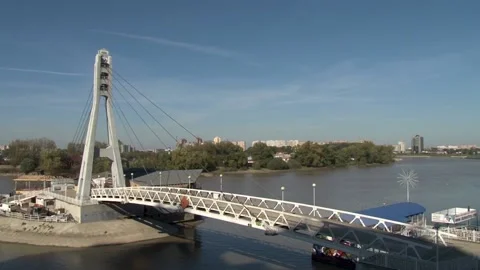 Beautiful cable-stayed bridge over Kuban River in Krasnodar. Close-up of bridge. Stock Footage 152169529