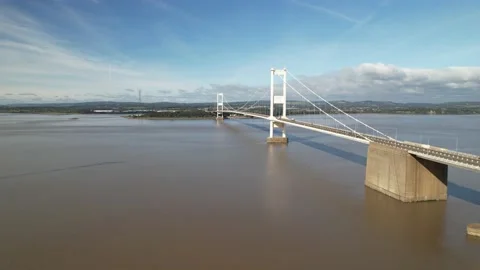 Beautiful cable-stayed bridge over wide river Stock-Footage 166697043