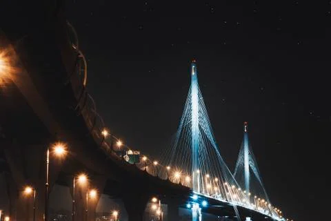 Beautiful cable-stayed bridge in St. Petersburg, Russia, with starry sky and Foto stock