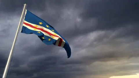 Beautiful Cabo Verde flag on massive dark clouds backdrop Stock Illustration