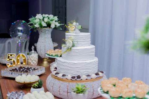 A beautiful cake for the 50th anniversary decorated. Stock Photos