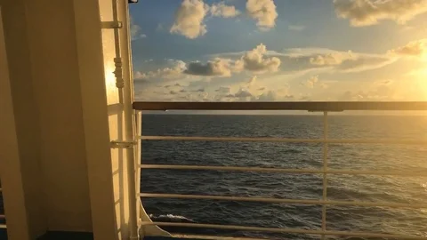 Beautiful calm cloudy ocean skyline view from sailing ship Stock Footage 97179466