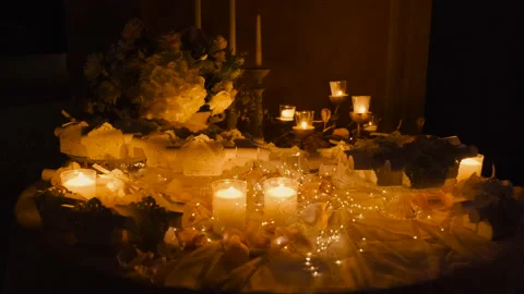 Beautiful candlelit decorative table for a romantic and elegant wedding Video stock 223958344