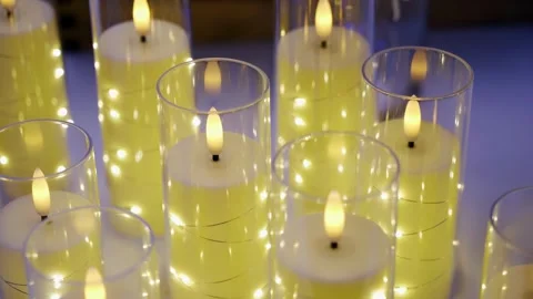 Beautiful candles in glass flasks. Close‑up shot. Stock Footage 342565170