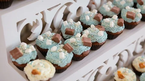 Beautiful candy bar with cakes and candies for birthday. Close up Stock Footage 99740268