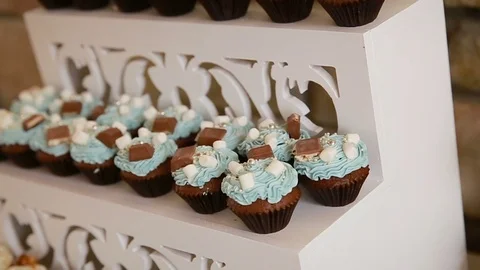 Beautiful candy bar with cakes and candies for birthday Stock Footage 99740340