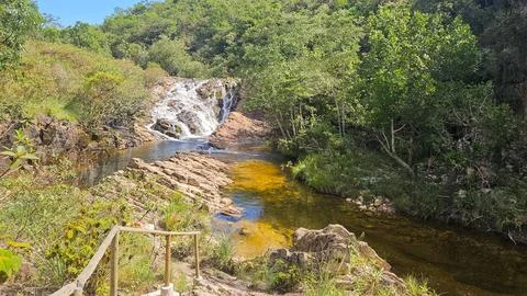 Beautiful cascade in Serra da Canastra area, around Delfinopolis town in Mi.. Stock Photos