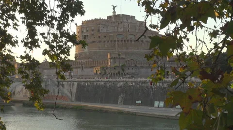 Beautiful Castel Sant Angelo tree branch River Tiver Rome cityscape tourism day Stock Footage 44053293