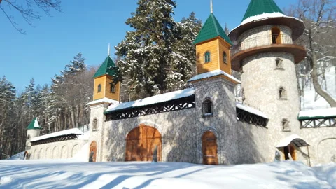 Beautiful castle with a tower in winter Stock Footage 149057897