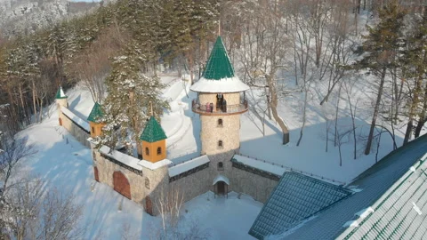 Beautiful castle with a tower in winter Stock Footage 149970723