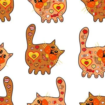 Beautiful cat. Vector. Seamless. Scribble, sketch, doodle. Pattern on yellow, wh Stock Illustration