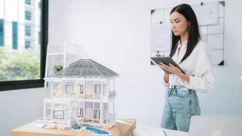 Beautiful caucasian architect using tablet to check house model. Immaculate. Stock Photos