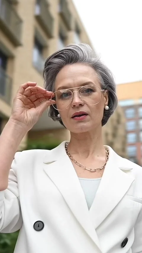 Beautiful caucasian elderly gray-haired business woman takes off her glasses Stock Footage 264139876